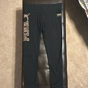 Victorias Secret Pink yoga black leggings with gold sequin dog and pink detail